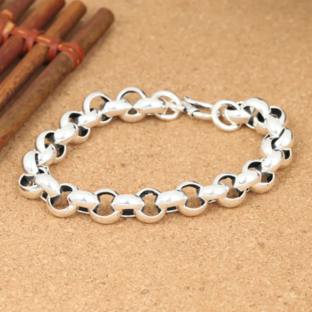 Real Solid 925 Sterling Silver Bracelet Round Link Chain Fashion Punk Jewelry 7.9" 8.3"
