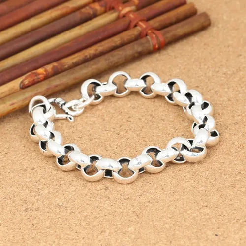 Real Solid 925 Sterling Silver Bracelet Round Link Chain Fashion Punk Jewelry 7.9" 8.3"