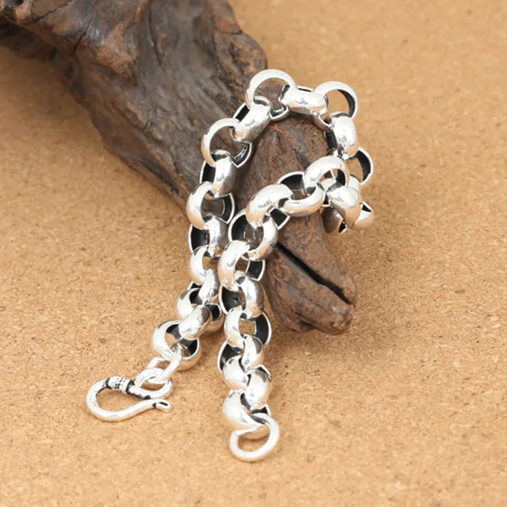 Real Solid 925 Sterling Silver Bracelet Round Link Chain Fashion Punk Jewelry 7.9" 8.3"