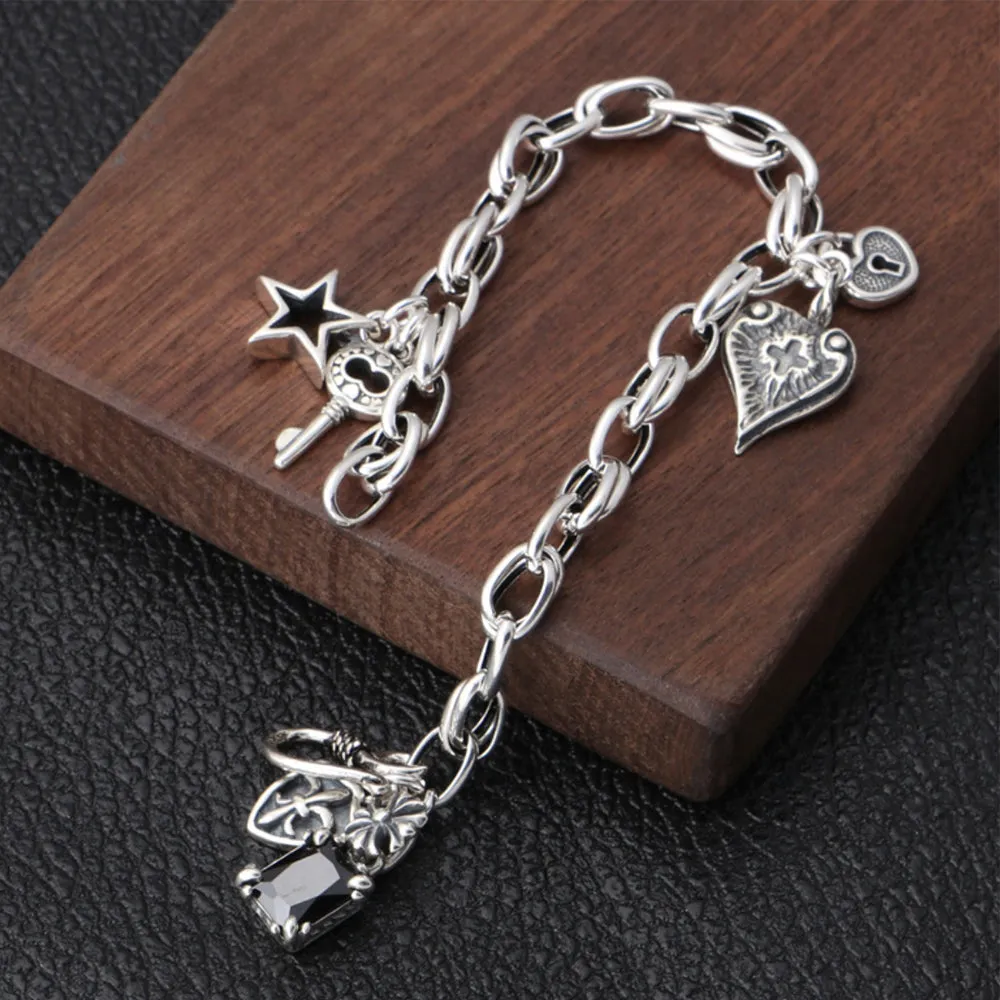 Real Solid 925 Sterling Silver Bracelets Heart key Lock Star Fashion Jewelry 7.1"