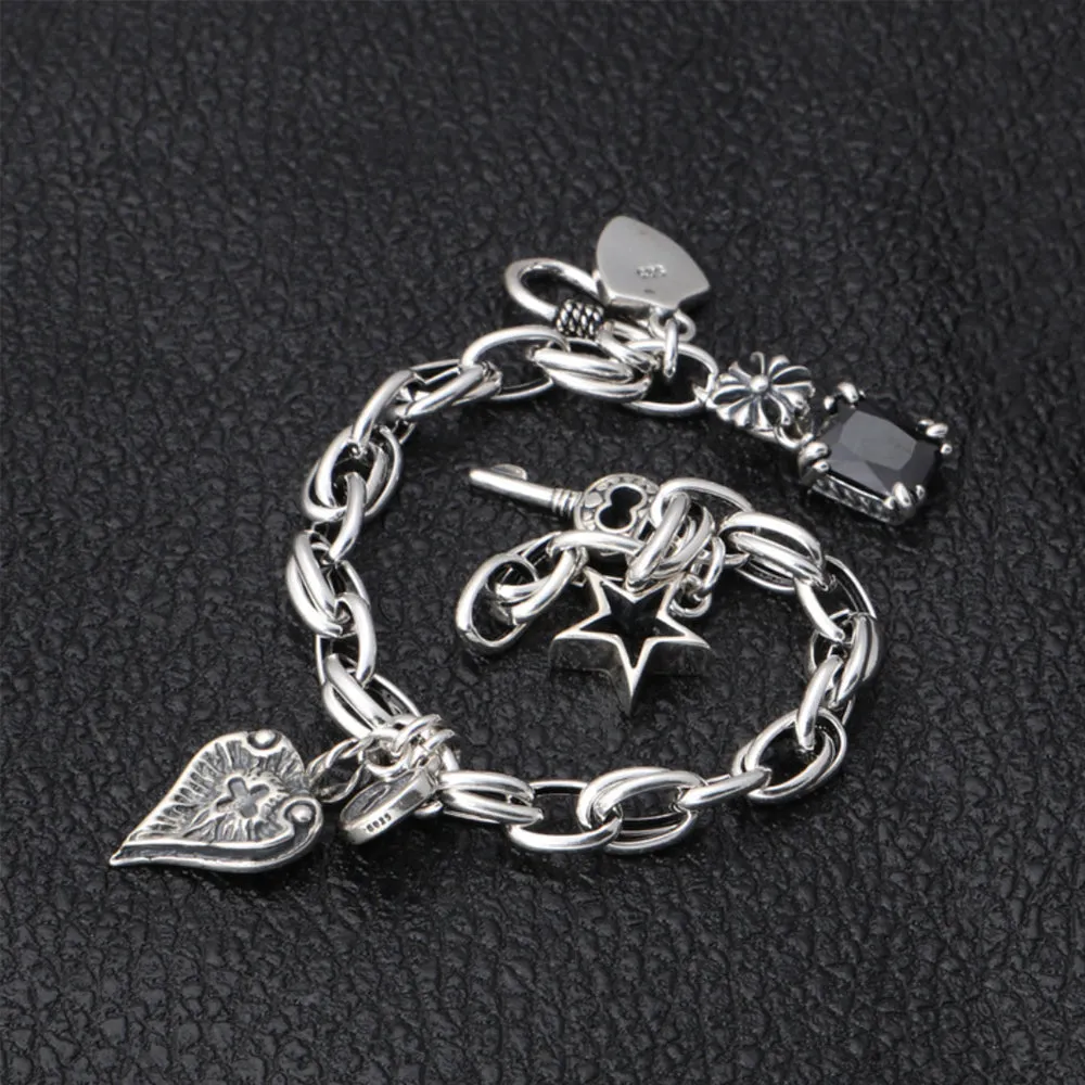 Real Solid 925 Sterling Silver Bracelets Heart key Lock Star Fashion Jewelry 7.1"