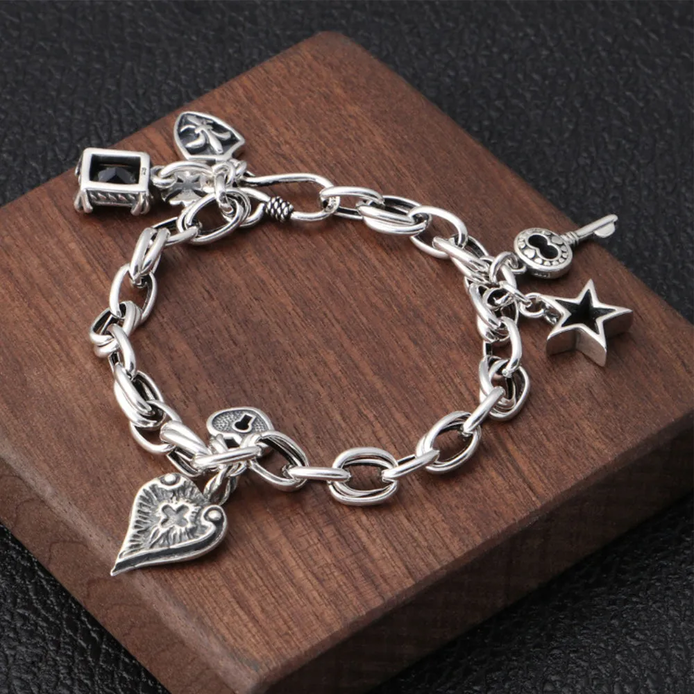 Real Solid 925 Sterling Silver Bracelets Heart key Lock Star Fashion Jewelry 7.1"