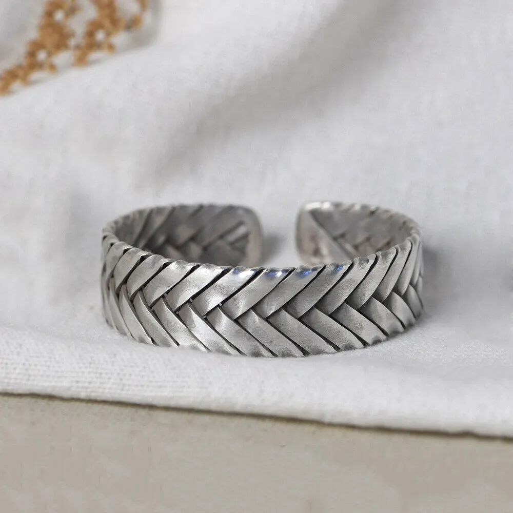 Real Solid 925 Sterling Silver Cuff Bracelet Bangle Braided Twisted Fashion Punk Jewelry