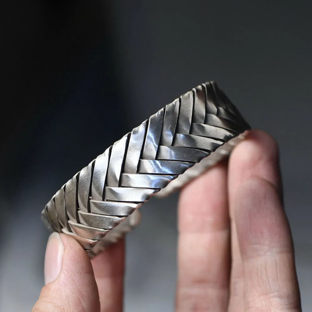 Real Solid 925 Sterling Silver Cuff Bracelet Bangle Braided Twisted Fashion Punk Jewelry