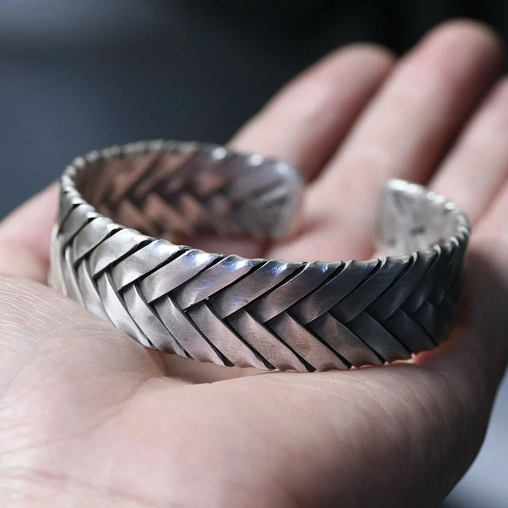 Real Solid 925 Sterling Silver Cuff Bracelet Bangle Braided Twisted Fashion Punk Jewelry