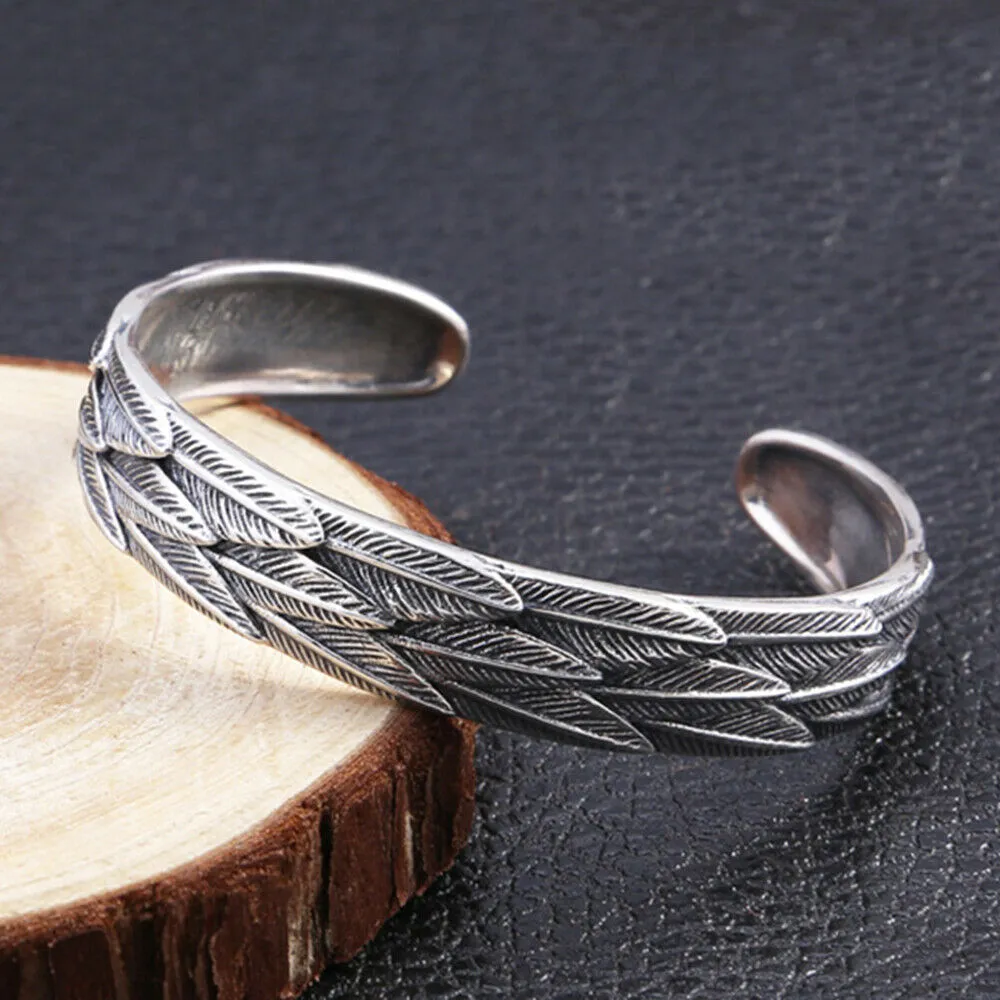 Real Solid 925 Sterling Silver Cuff Bracelet Bangle Feather Fashion Punk Jewelry