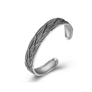 Real Solid 925 Sterling Silver Cuff Bracelet Bangle Feather Fashion Punk Jewelry