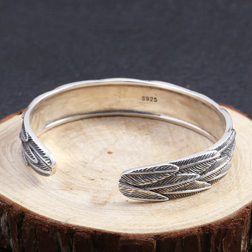 Real Solid 925 Sterling Silver Cuff Bracelet Bangle Feather Fashion Punk Jewelry