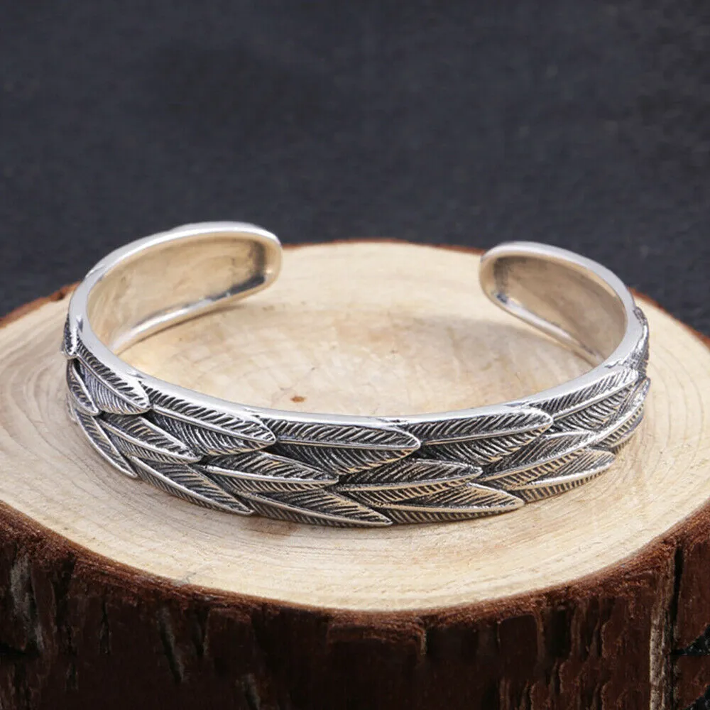 Real Solid 925 Sterling Silver Cuff Bracelet Bangle Feather Fashion Punk Jewelry