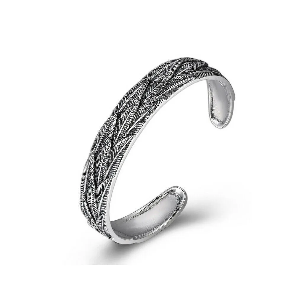 Real Solid 925 Sterling Silver Cuff Bracelet Bangle Feather Fashion Punk Jewelry
