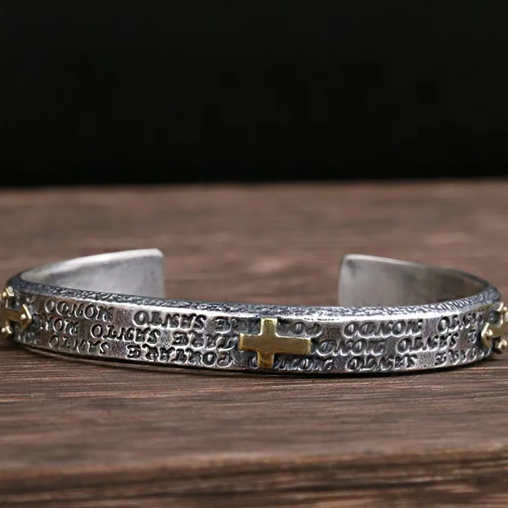 Real Solid 925 Sterling Silver Cuff Bracelet Cross Fashion Punk Jewelry Open Bangle
