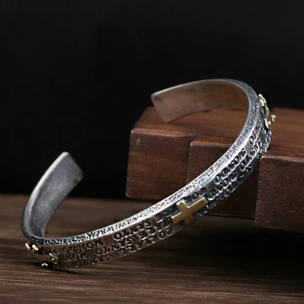 Real Solid 925 Sterling Silver Cuff Bracelet Cross Fashion Punk Jewelry Open Bangle