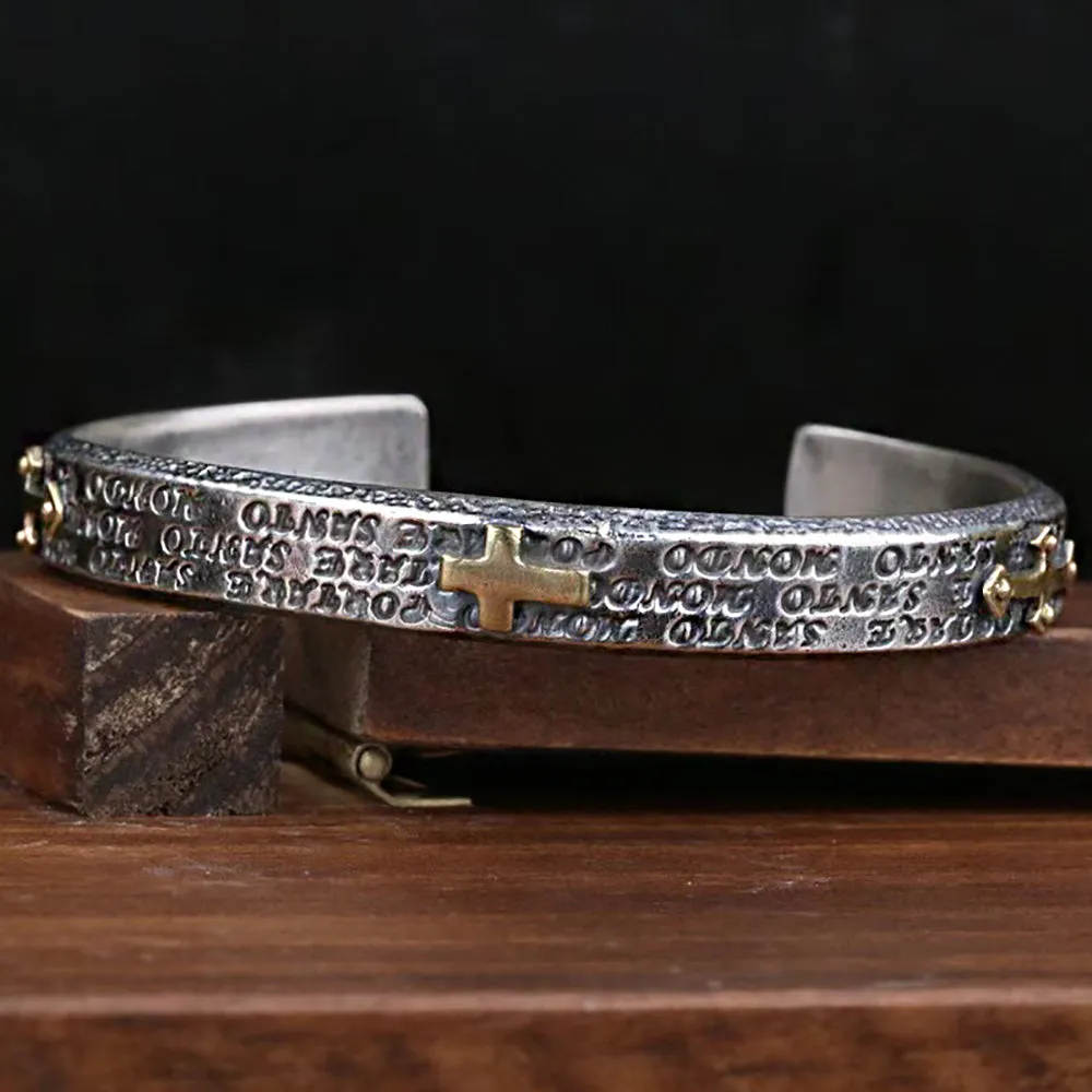 Real Solid 925 Sterling Silver Cuff Bracelet Cross Fashion Punk Jewelry Open Bangle