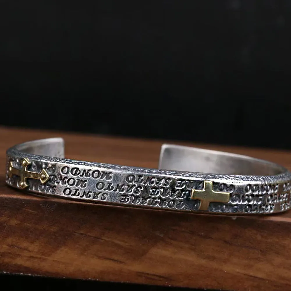 Real Solid 925 Sterling Silver Cuff Bracelet Cross Fashion Punk Jewelry Open Bangle