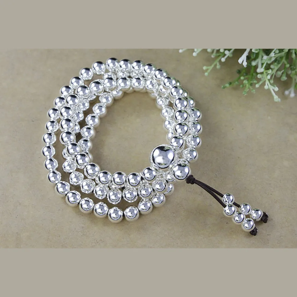 Real Solid 999 Fine Silver 108 Beads Bracelet Beaded Beautiful Fashion Lucky Punk Jewelry