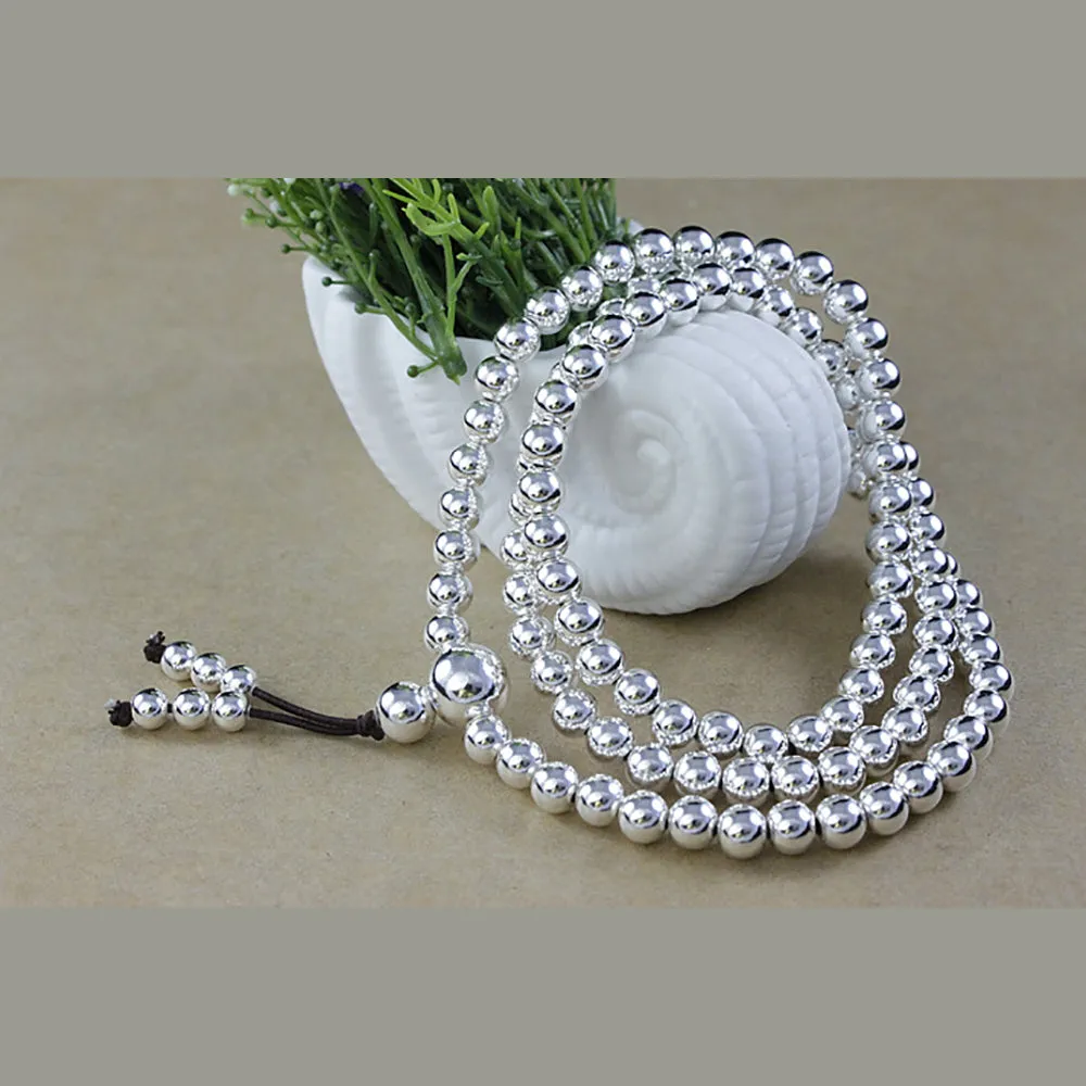 Real Solid 999 Fine Silver 108 Beads Bracelet Beaded Beautiful Fashion Lucky Punk Jewelry