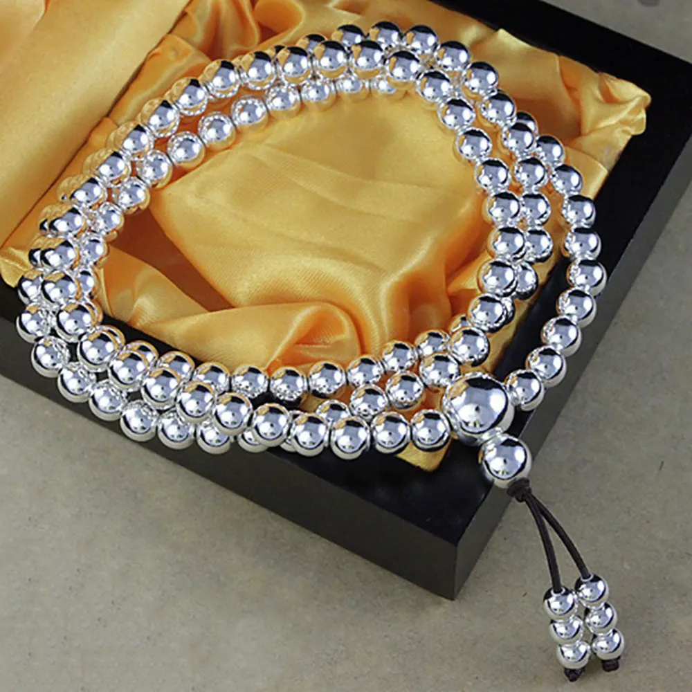 Real Solid 999 Fine Silver 108 Beads Bracelet Beaded Beautiful Fashion Lucky Punk Jewelry