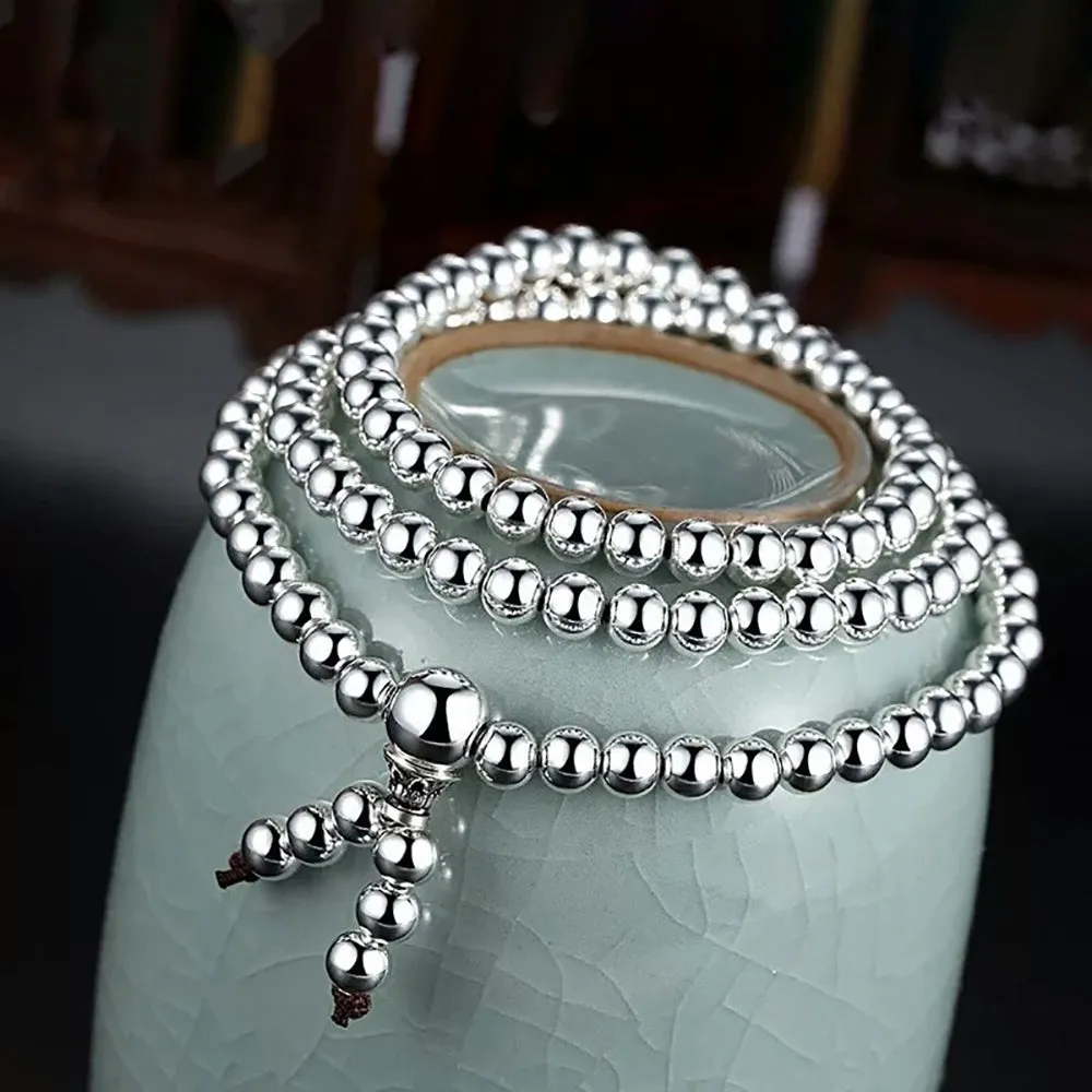 Real Solid 999 Fine Silver 108 Beads Bracelet Beaded Beautiful Fashion Lucky Punk Jewelry