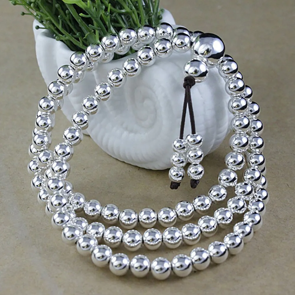 Real Solid 999 Fine Silver 108 Beads Bracelet Beaded Beautiful Fashion Lucky Punk Jewelry
