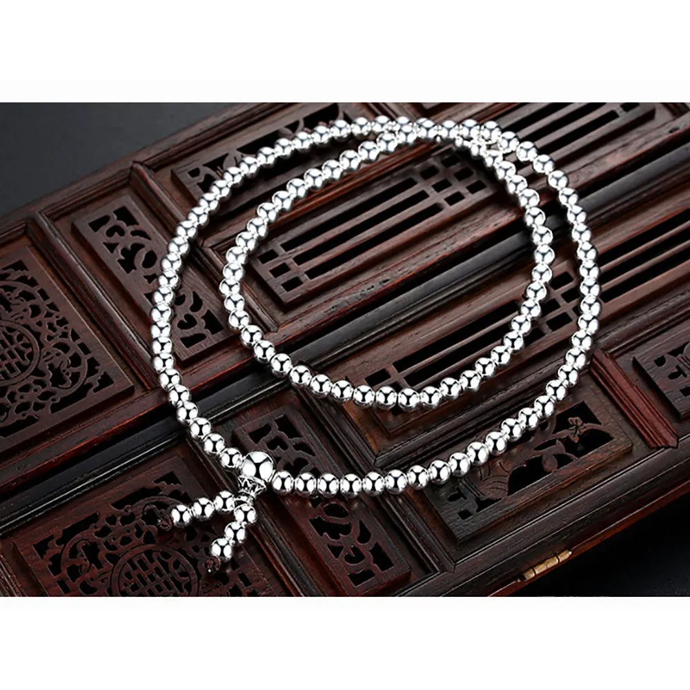 Real Solid 999 Fine Silver 108 Beads Bracelet Beaded Beautiful Fashion Lucky Punk Jewelry