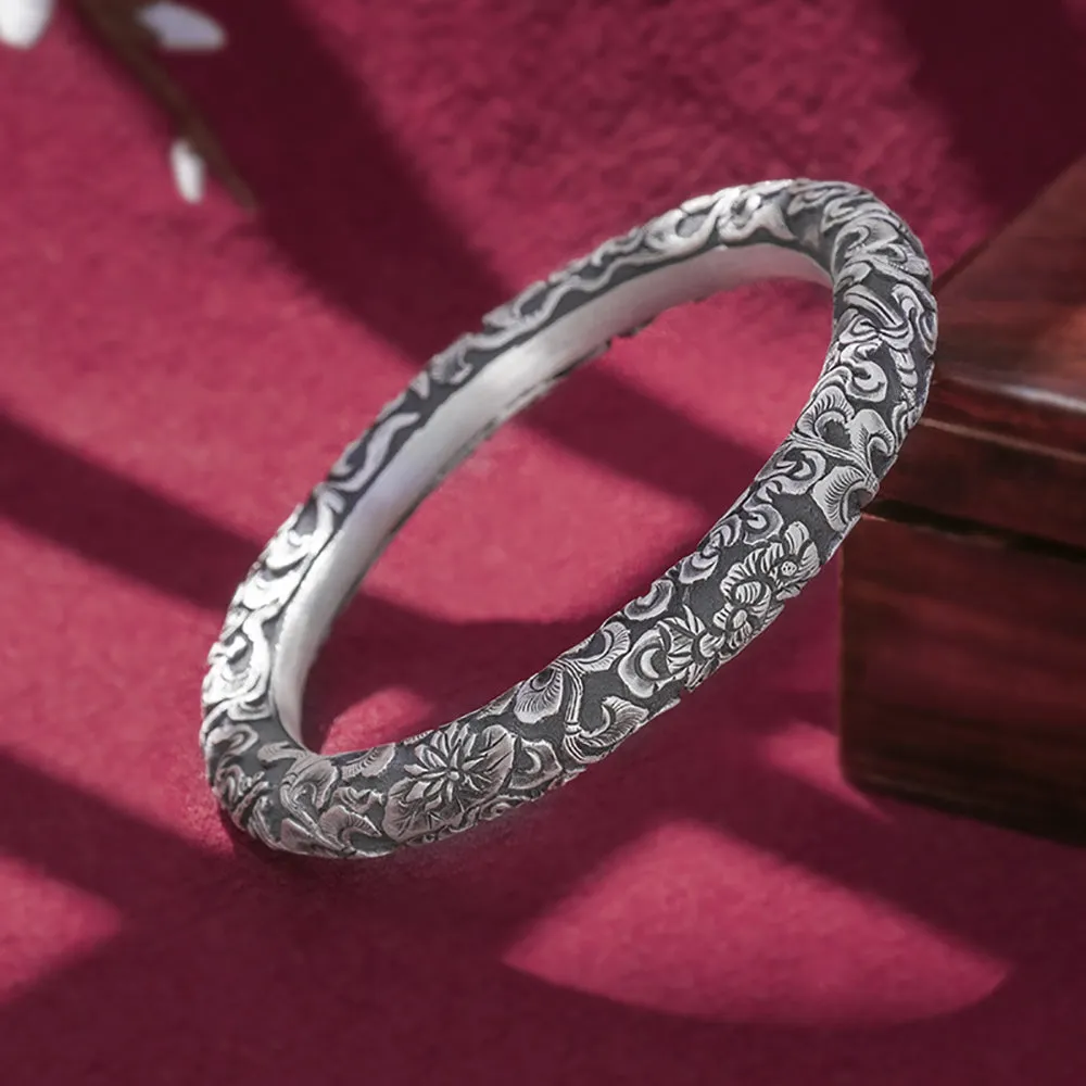 Real Solid 999 Fine Silver Cuff Bracelet Flowers Fashion Punk Jewelry Handmade Open Bangle