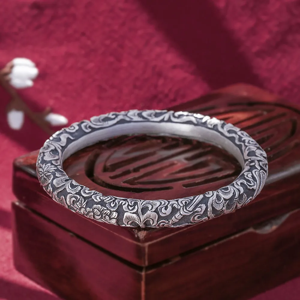 Real Solid 999 Fine Silver Cuff Bracelet Flowers Fashion Punk Jewelry Handmade Open Bangle