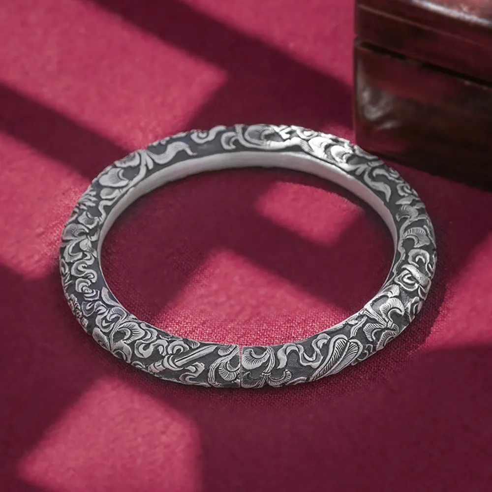 Real Solid 999 Fine Silver Cuff Bracelet Flowers Fashion Punk Jewelry Handmade Open Bangle