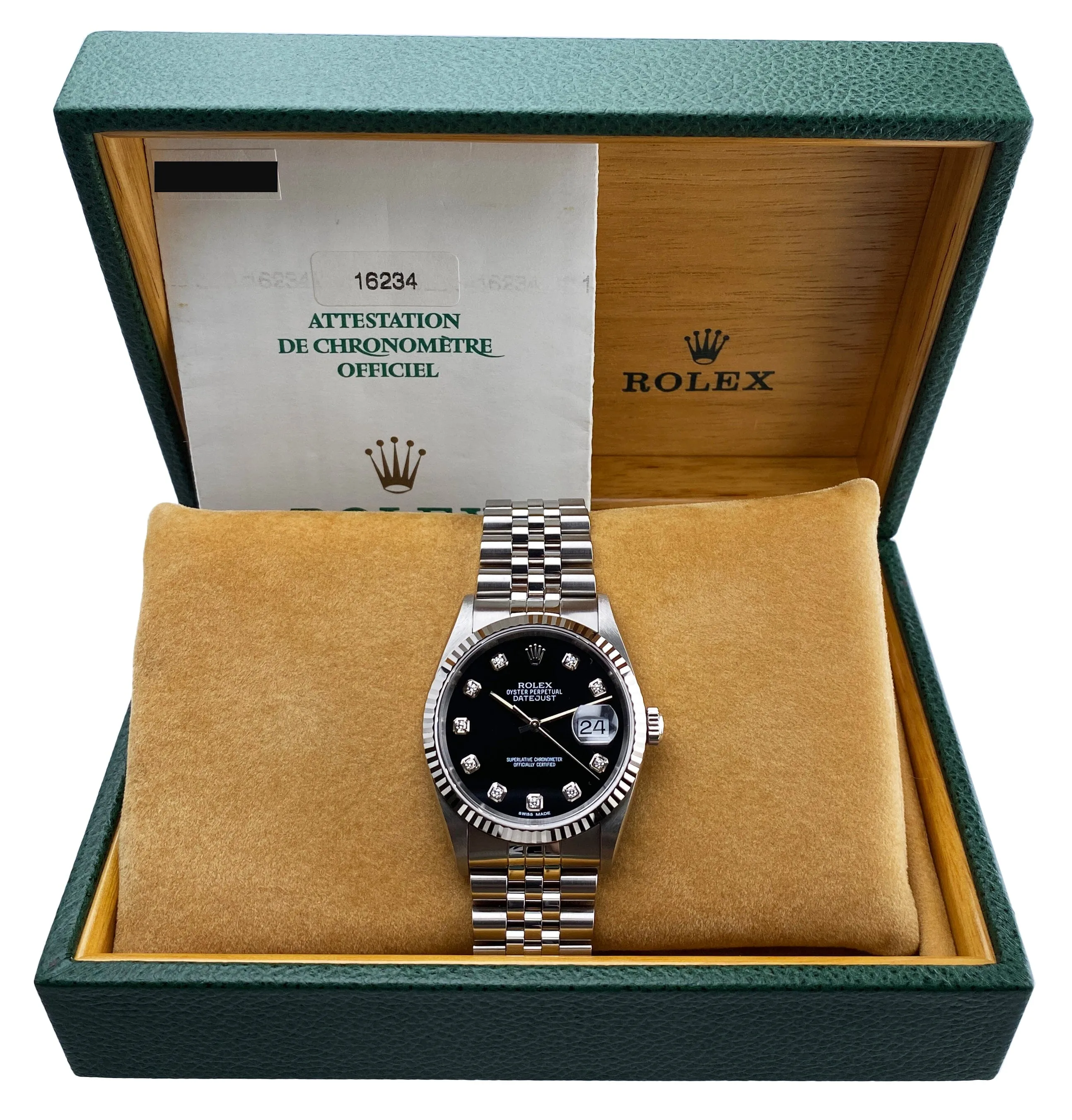 Rolex Datejust 16234 Diamond Black Dial Mens Watch Box Papers