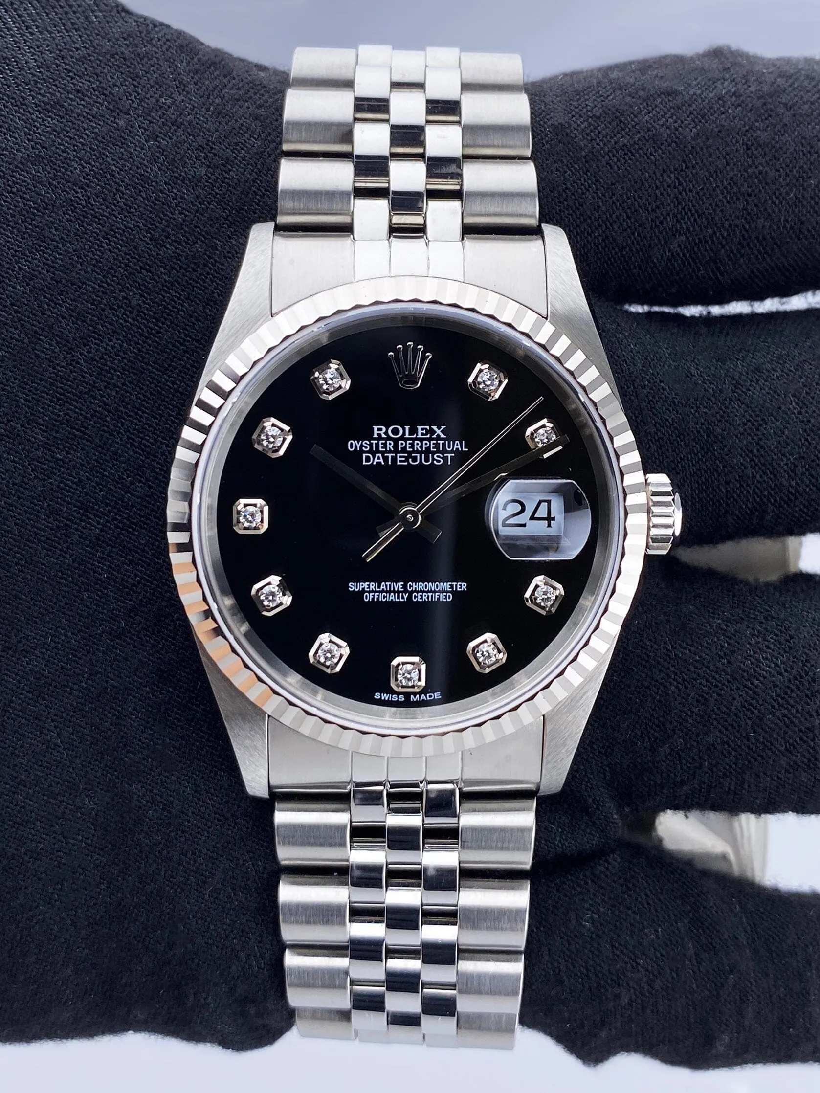 Rolex Datejust 16234 Diamond Black Dial Mens Watch Box Papers