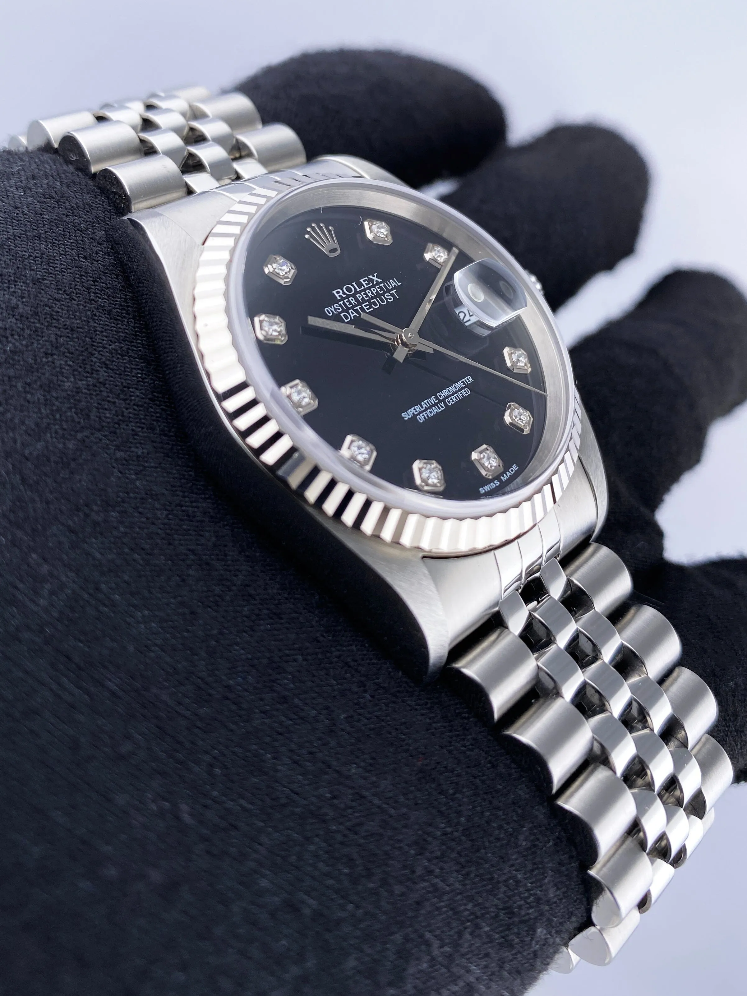 Rolex Datejust 16234 Diamond Black Dial Mens Watch Box Papers