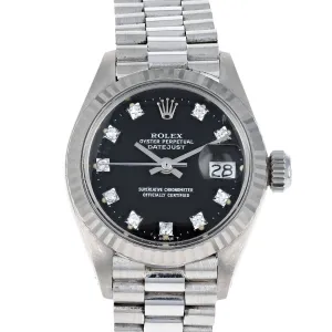 Rolex Lady-Datejust 6917 Papers Black Diamonds c. 1974 President 18k White Gold 26 mm