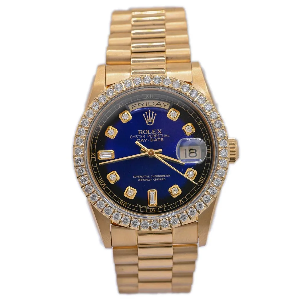 Rolex Mens Day-Date Yellow Gold 36mm Custom Blue Vignette Diamond Dial Watch Reference # 18238