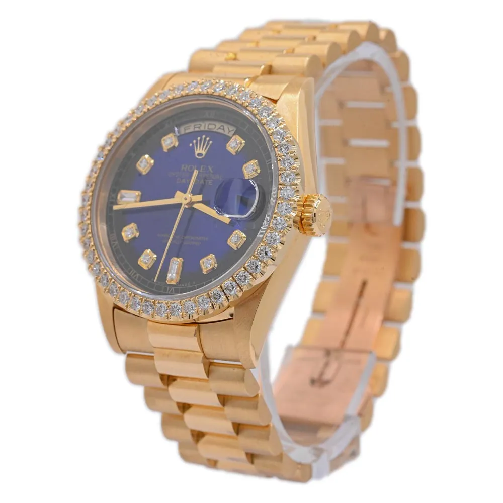 Rolex Mens Day-Date Yellow Gold 36mm Custom Blue Vignette Diamond Dial Watch Reference # 18238