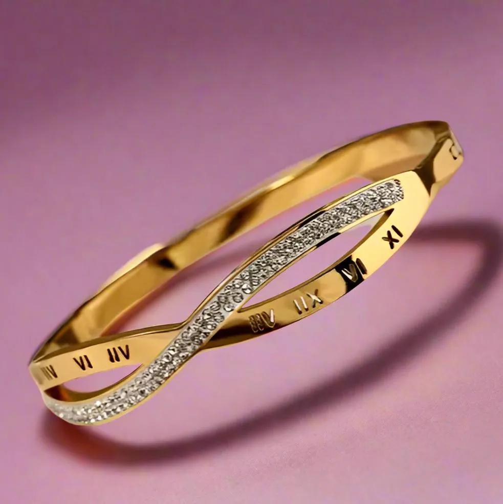 Roman Numerals Interleaved CZ Stainless Steel Bracelets Bangles