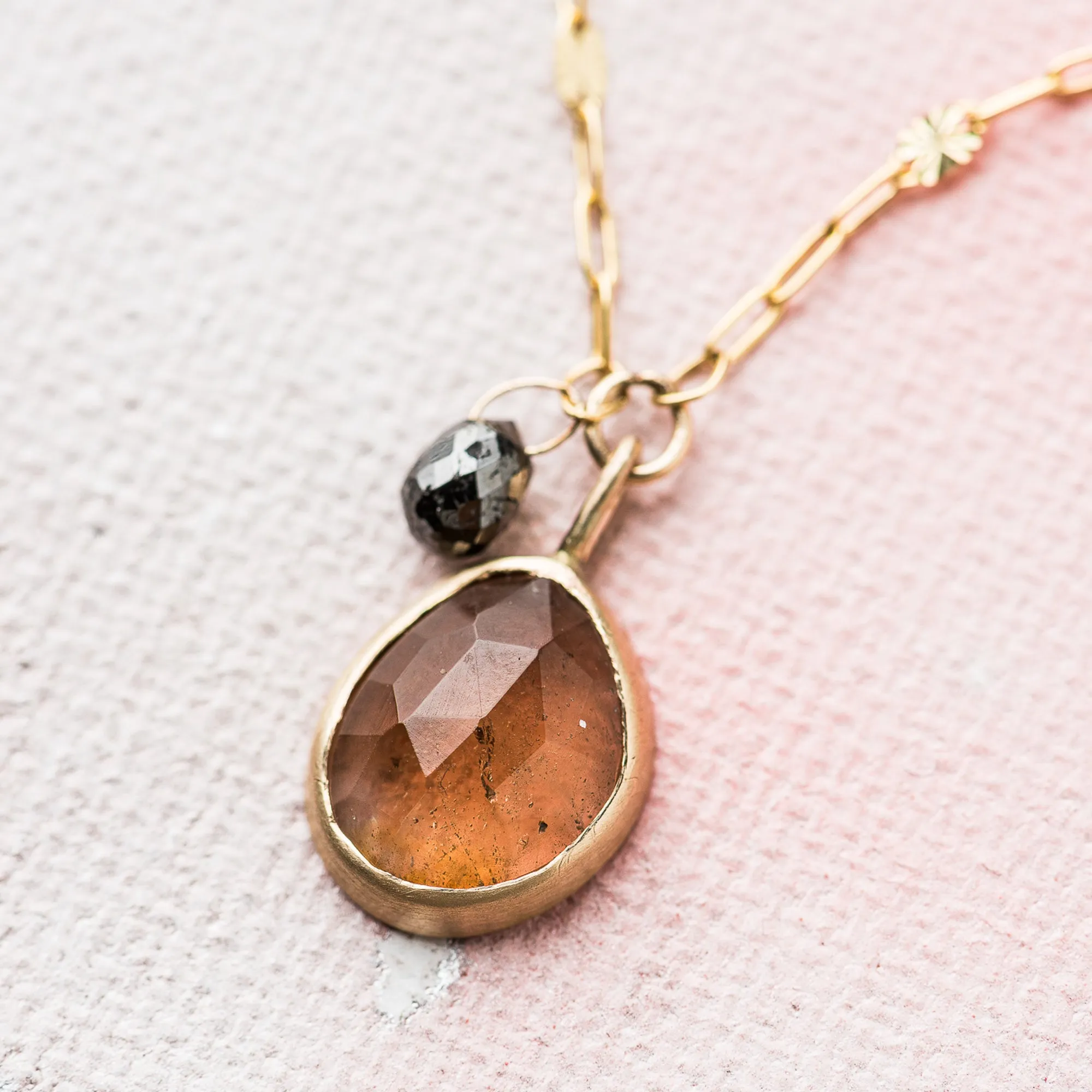 Rutilated Quartz Necklace with Black Diamond in 14k Gold
