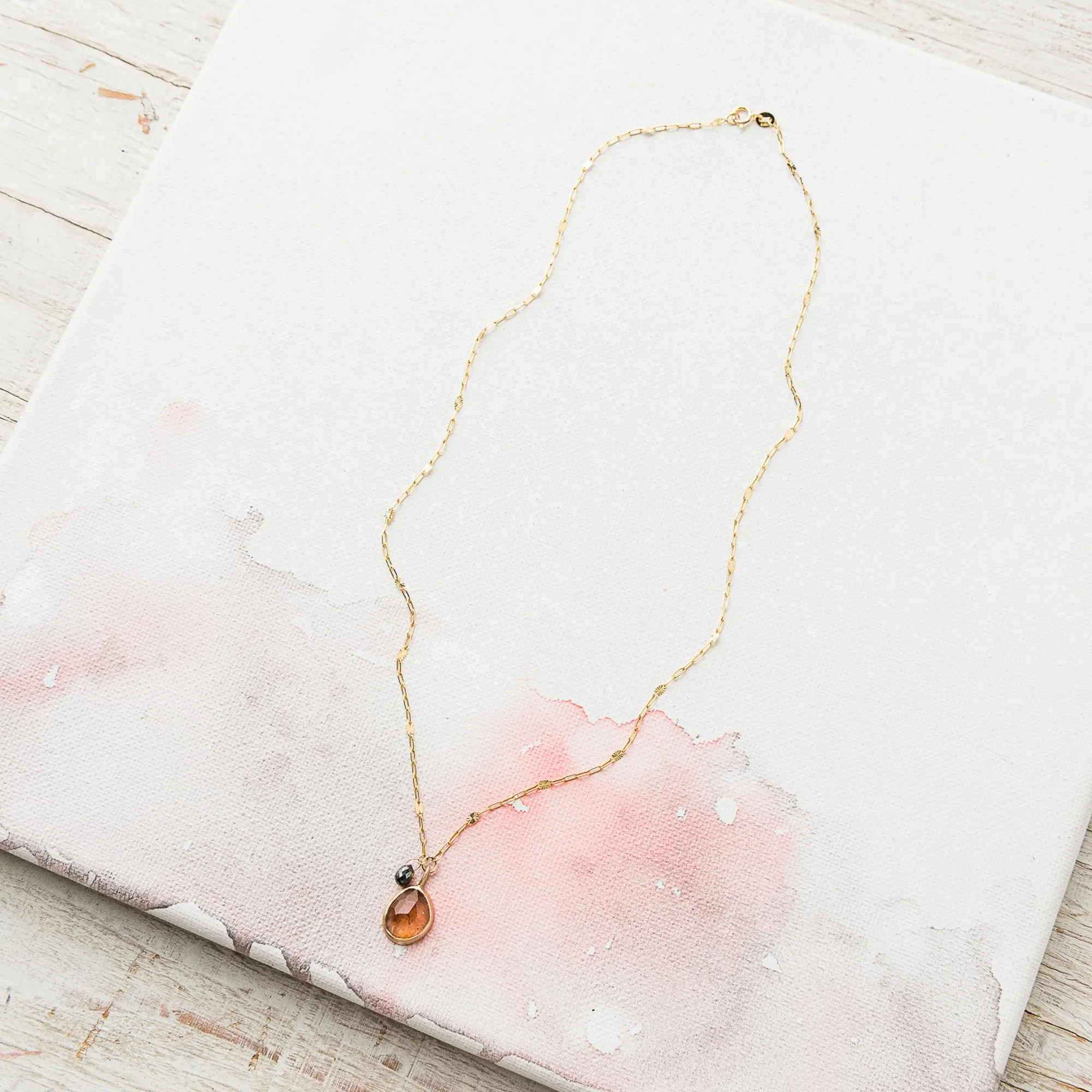 Rutilated Quartz Necklace with Black Diamond in 14k Gold