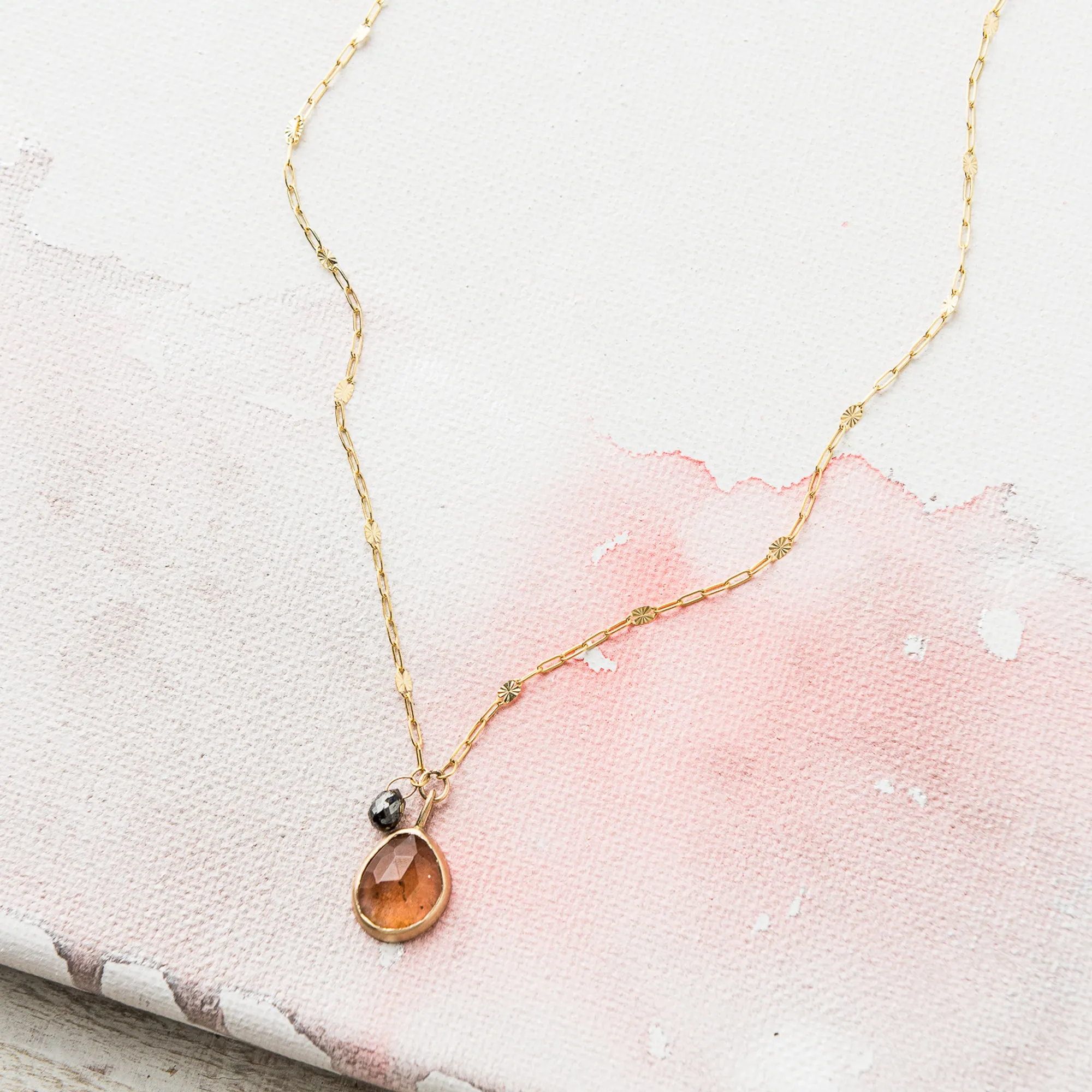 Rutilated Quartz Necklace with Black Diamond in 14k Gold