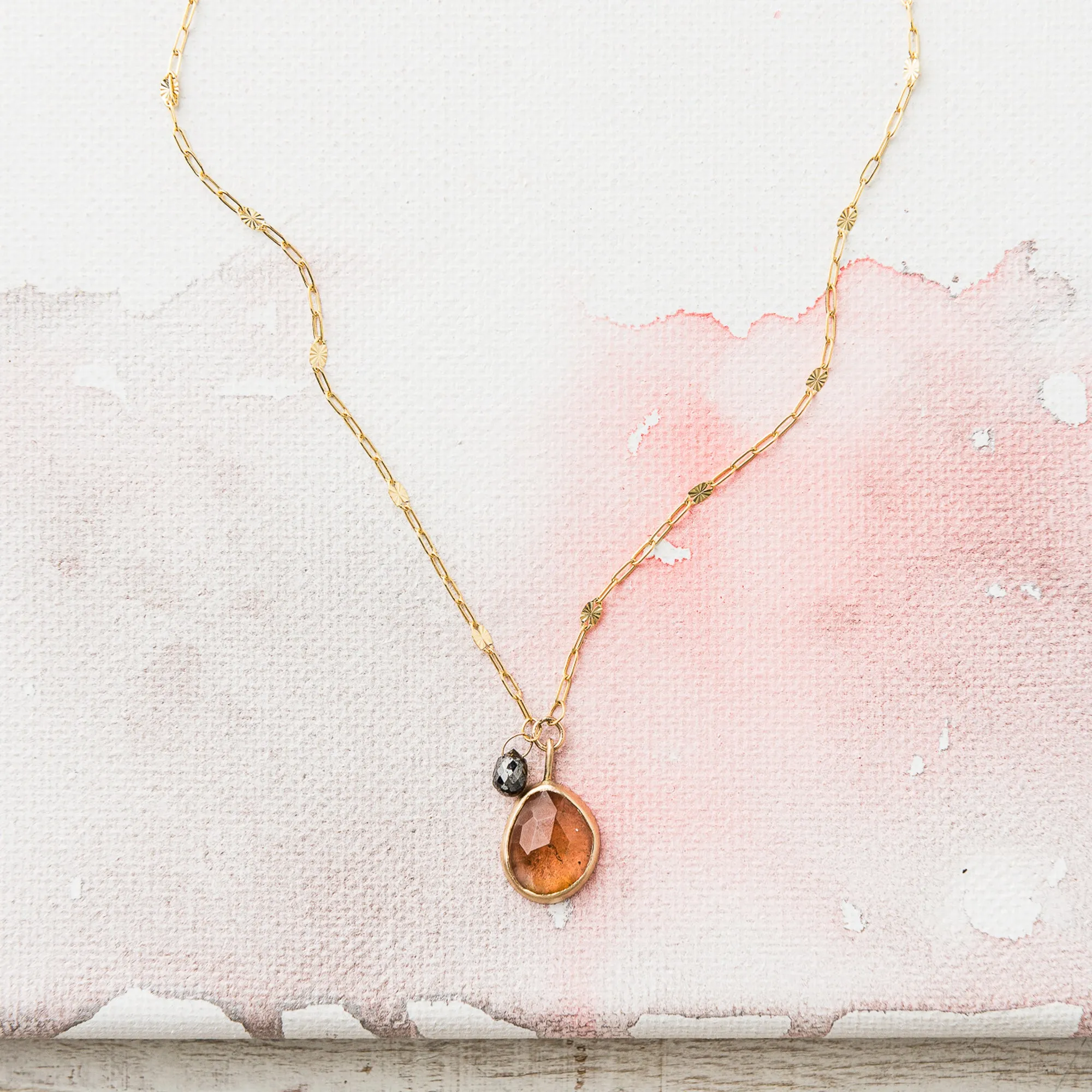 Rutilated Quartz Necklace with Black Diamond in 14k Gold