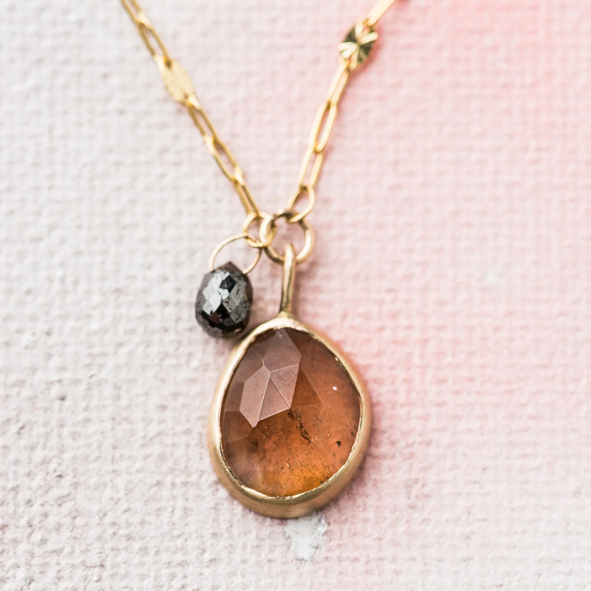 Rutilated Quartz Necklace with Black Diamond in 14k Gold