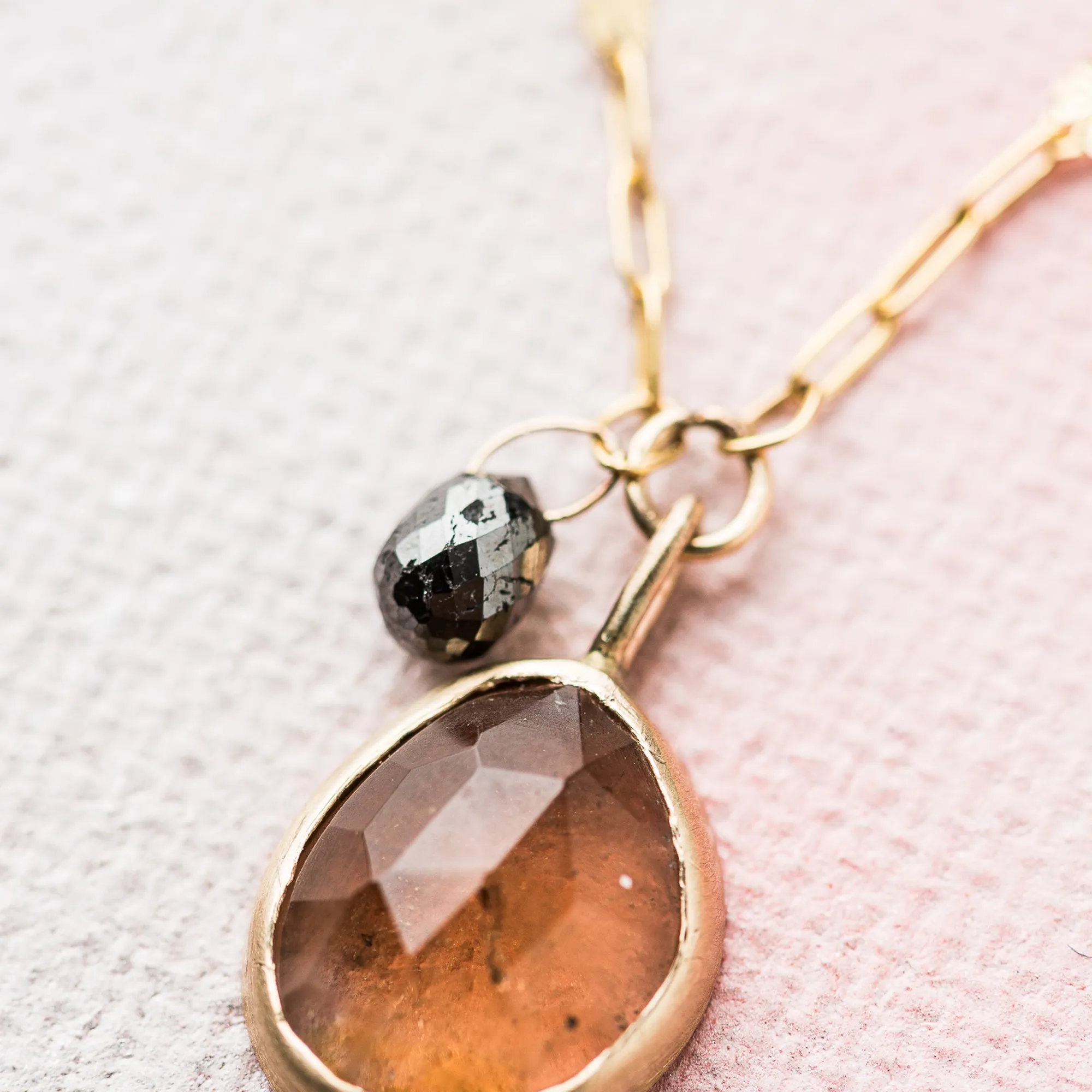 Rutilated Quartz Necklace with Black Diamond in 14k Gold