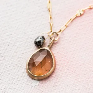 Rutilated Quartz Necklace with Black Diamond in 14k Gold