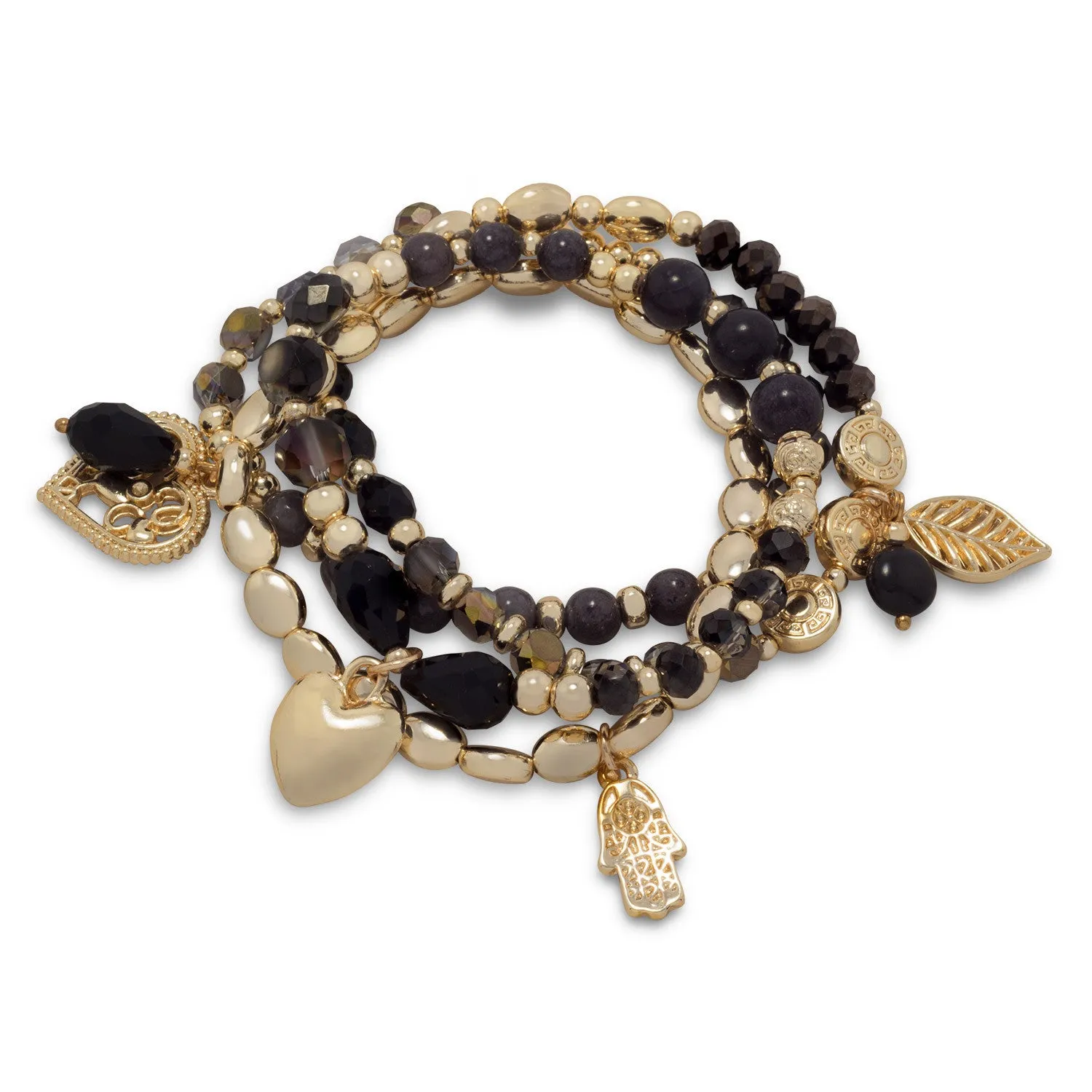 Set of 4 Gold Tone Fashion Stretch Charm Bracelets w/Black Crystal