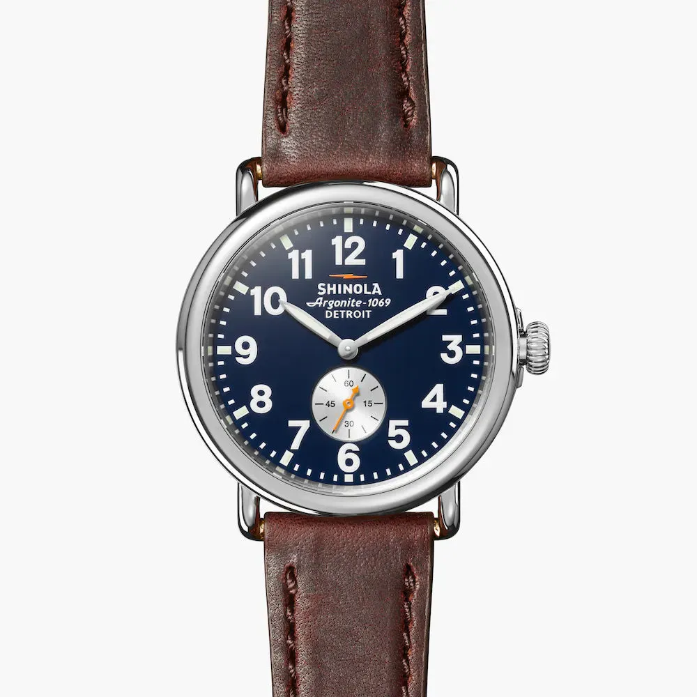 Shinola, The Runwell 41mm Sub Second Midnight Blue Dial Cattail Brown Leather