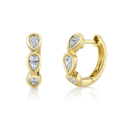 Shy Creation 14K Yellow Gold Diamond Pear Shapes Huggie Hoops