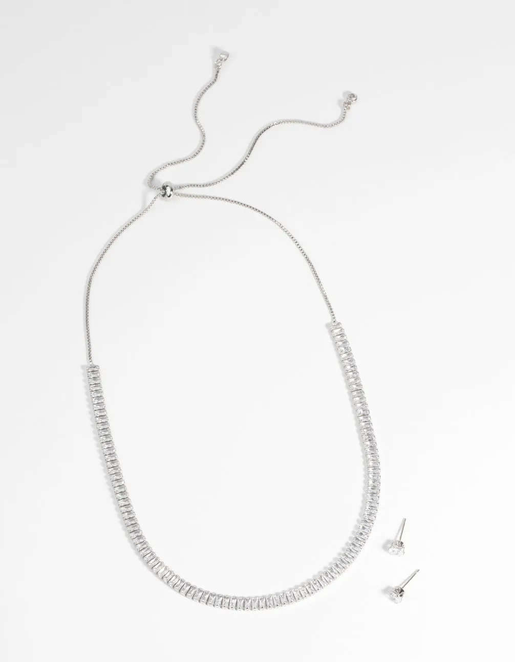 Silver Diamond Simulant Baguette Necklace & Earrings Set
