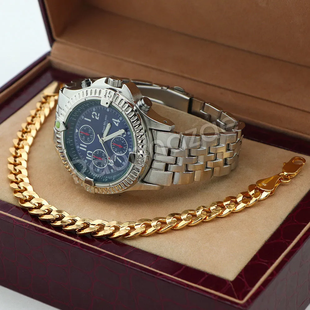 Silver PT Designer Bezel Metal Band Round Watch Diamond Cut Cuban Bracelet G91S