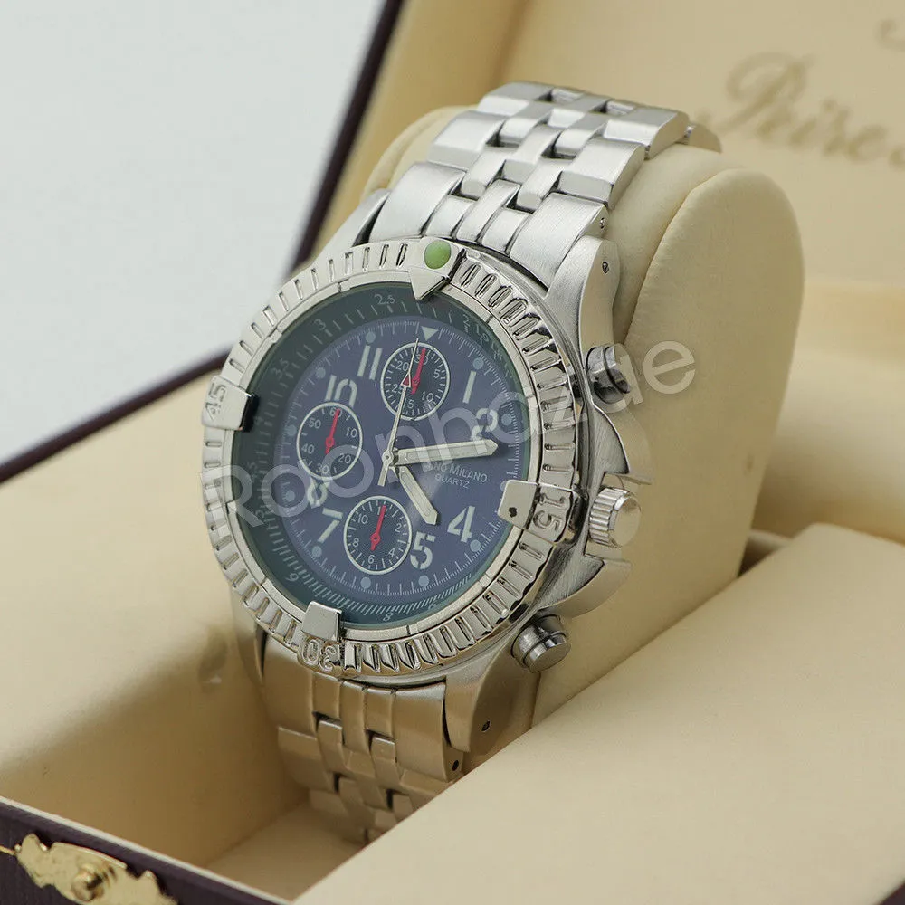 Silver PT Designer Bezel Metal Band Round Watch Diamond Cut Cuban Bracelet G91S
