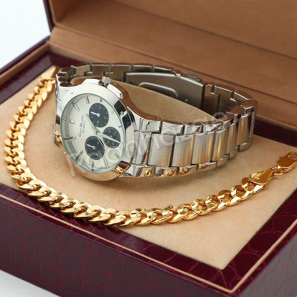 Silver PT Designer Bezel Metal Band Round Watch Diamond Cut Cuban Bracelet G93S