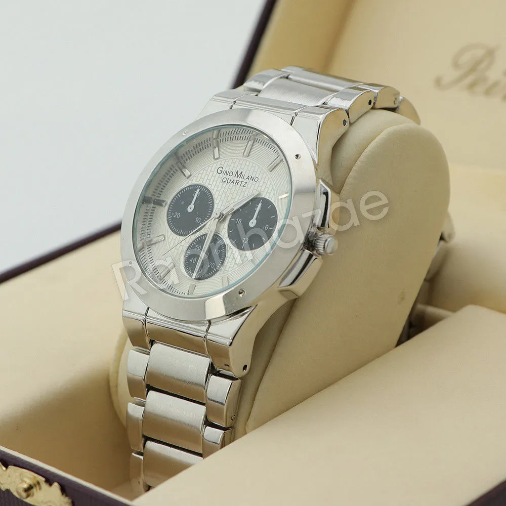 Silver PT Designer Bezel Metal Band Round Watch Diamond Cut Cuban Bracelet G93S