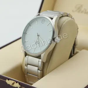 Silver PT Designer Bezel Metal Band Round Watch Diamond Cut Cuban Bracelet G99S